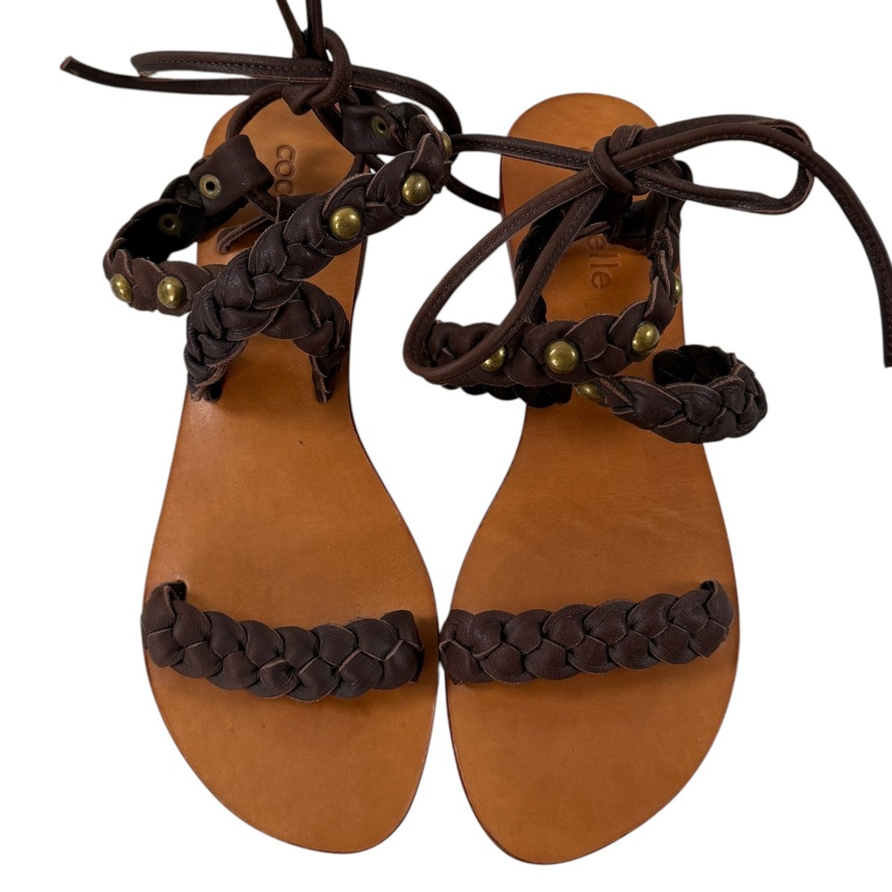 Cocobelle Brown Leather Braided Gladiator Lace Up Sandals Brass EU 39 8.5 New